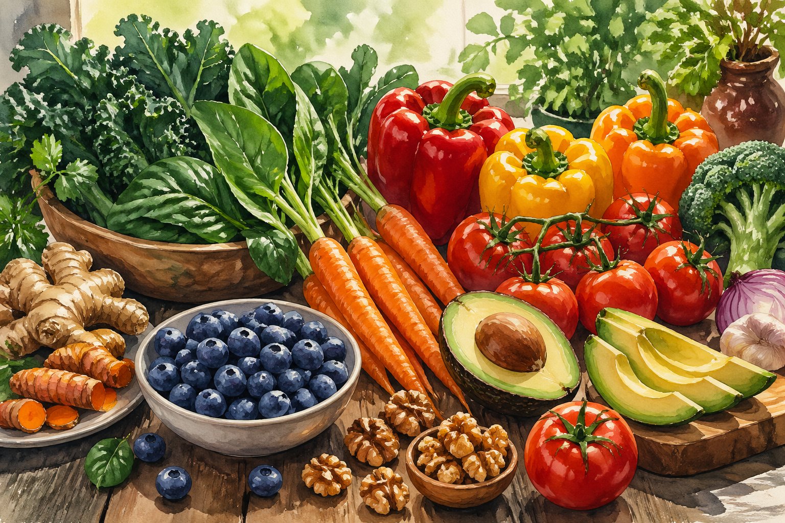 A colorful arrangement of fresh vegetables, fruits, nuts, and herbs displayed on a wooden table.