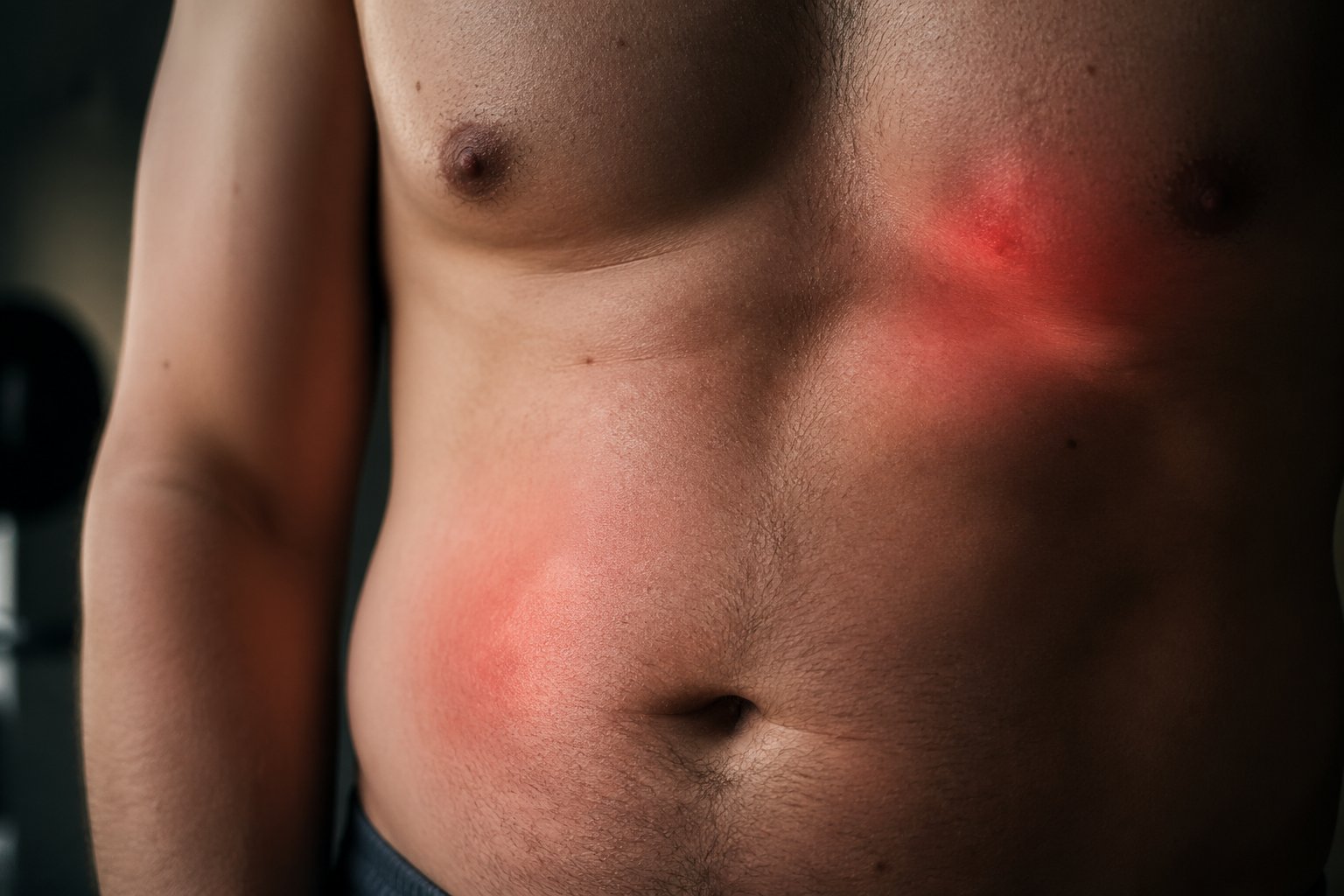 Close-up of a human torso showing areas of skin with subtle redness and swelling indicating inflammation.