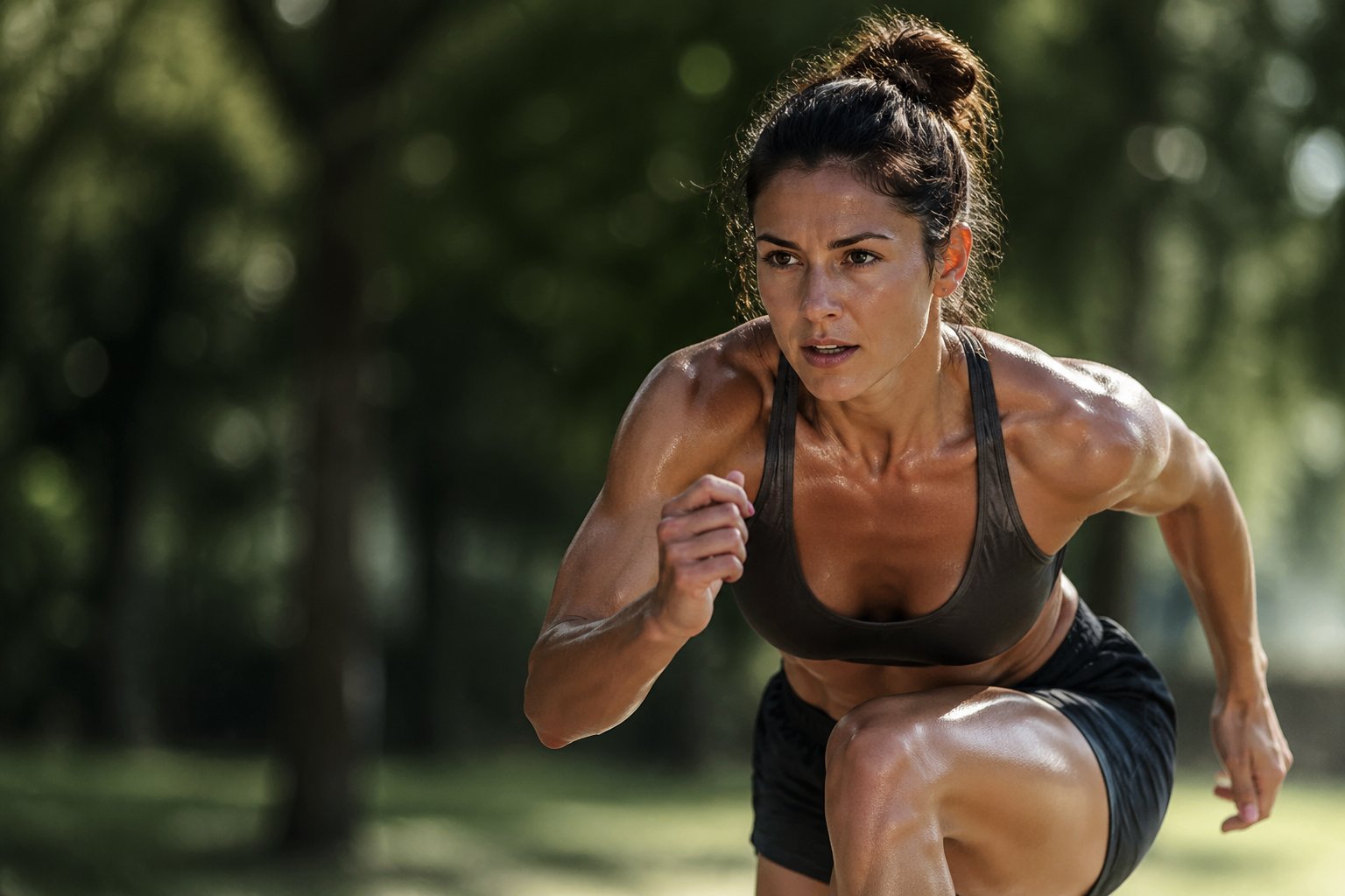 A person exercising outdoors with visible muscle definition and natural skin texture, surrounded by green plants and soft morning light.