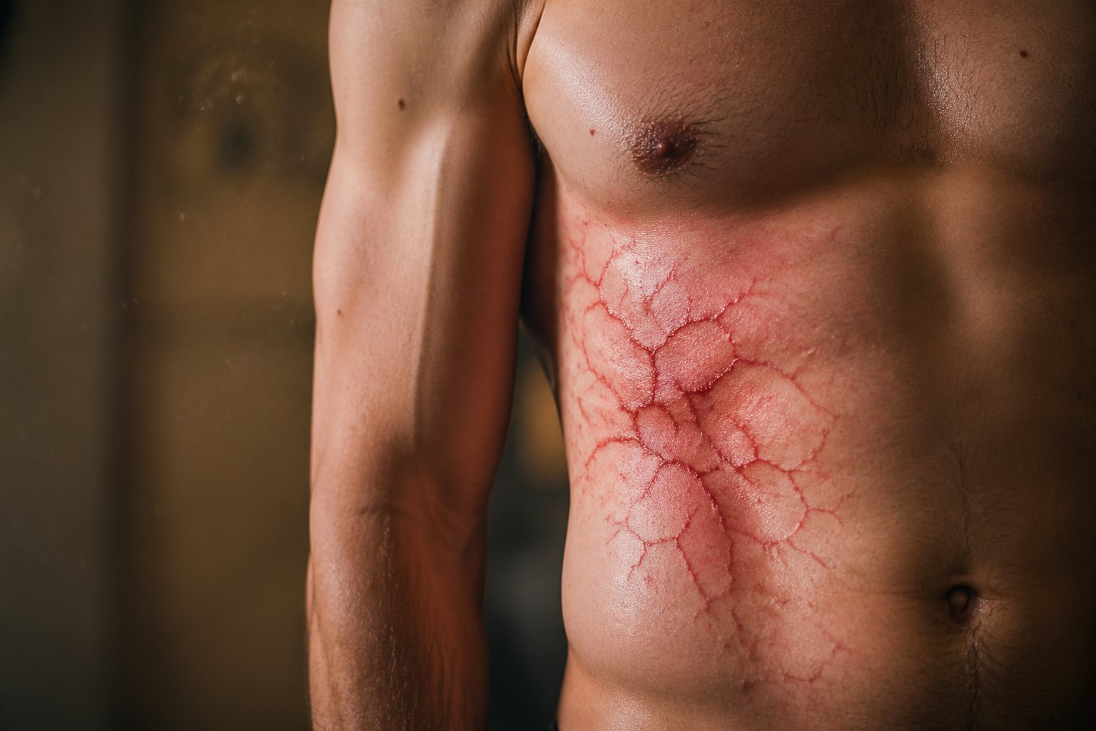 Close-up of a human torso showing red, inflamed veins and textured skin highlighting areas affected by chronic inflammation.