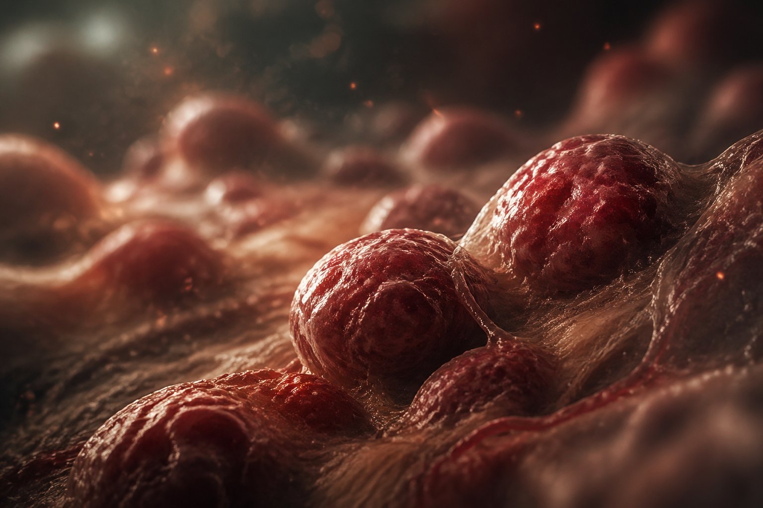 Close-up image of inflamed human cells with visible swelling and redness, showing detailed textures and microscopic tissue fibers.