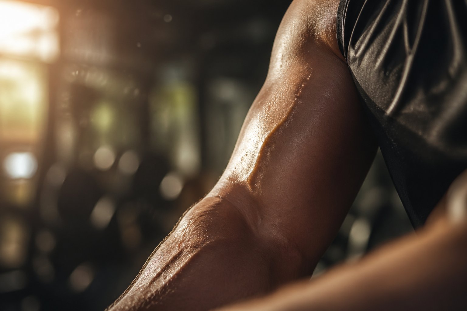 Close-up of a person's arm in motion during exercise, showing detailed skin texture and muscle definition with a blurred gym background.