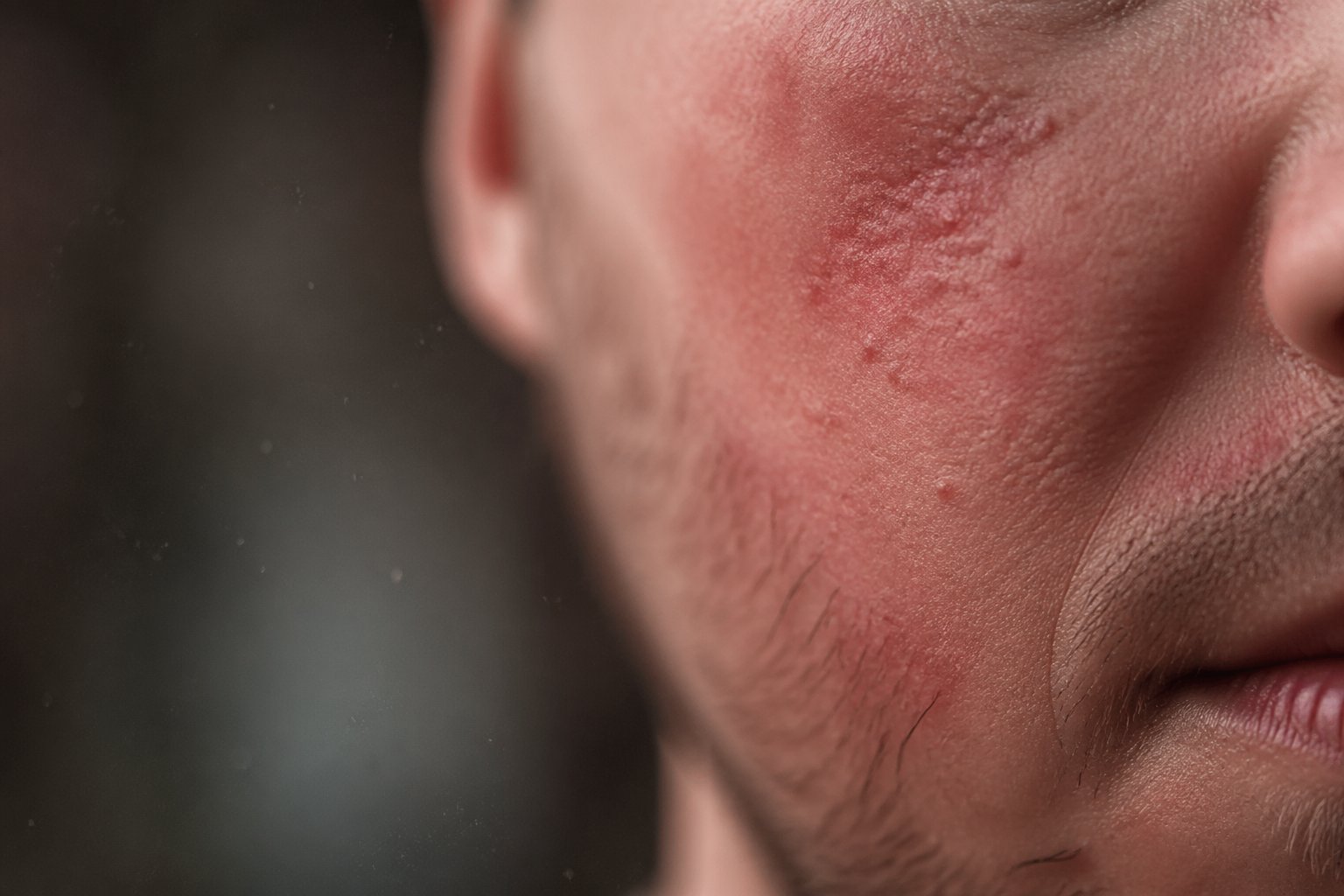 Close-up of human skin showing redness and texture associated with inflammation.