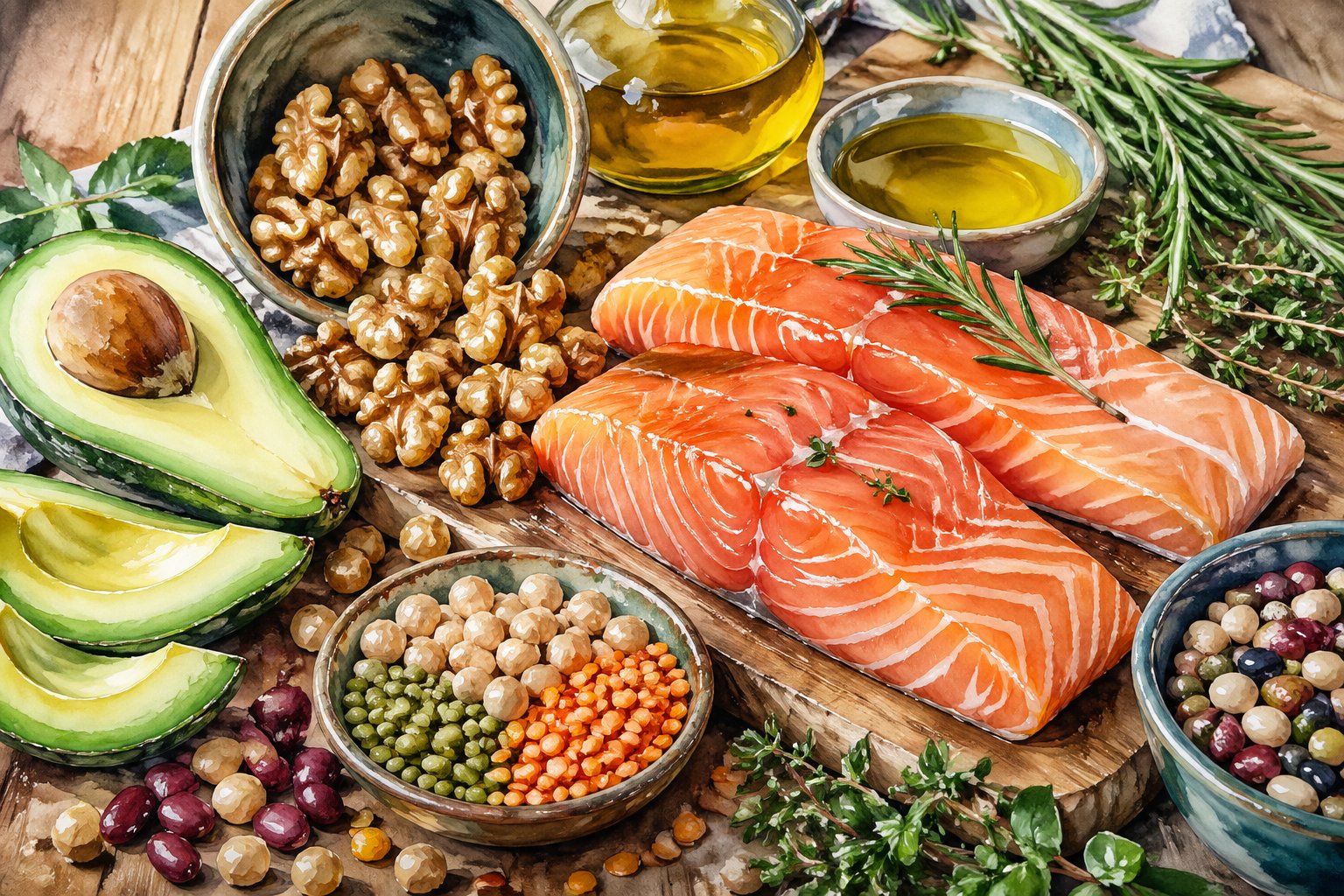 A table displaying salmon, walnuts, avocados, legumes, herbs, and olive oil arranged together.