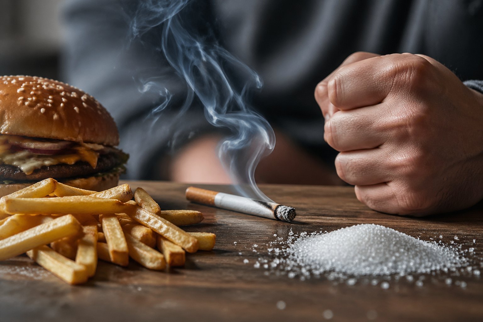 Close-up of fast food, cigarette smoke, sugar crystals, and a clenched hand on a wooden table representing common causes and triggers of chronic inflammation.
