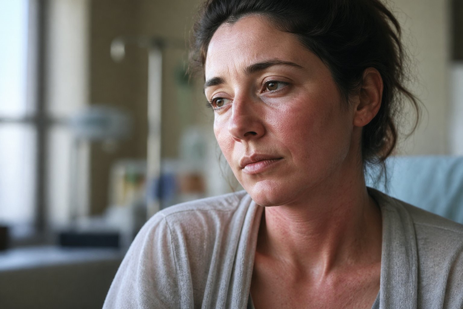 A close-up of a tired person with subtle redness on their face, sitting thoughtfully in a softly lit room.