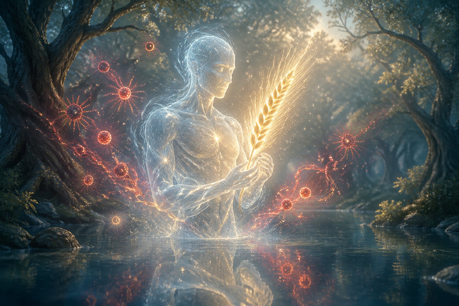 A glowing humanoid figure gently holding a radiant wheat stalk in a mystical forest with soft light and shimmering symbols dissolving around them.