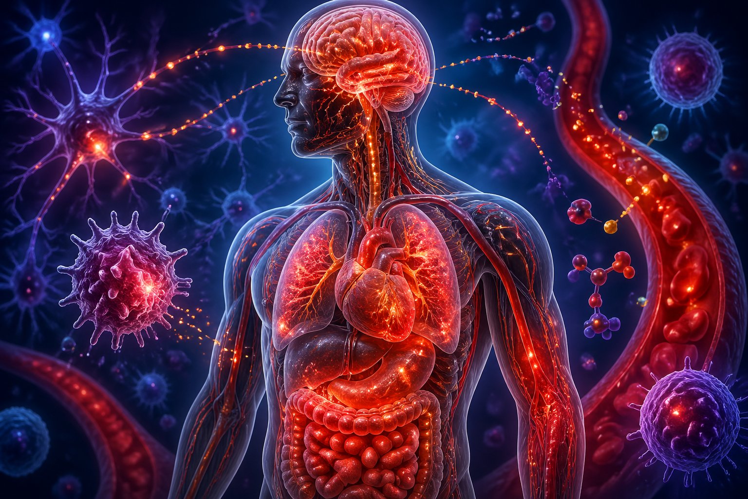 3D visualization of a human torso showing internal organs with highlighted red areas indicating inflammation and glowing pathways representing stress signals within the body.