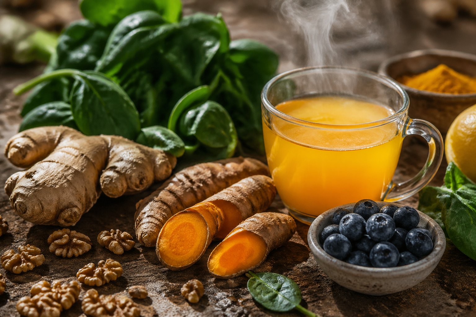 Close-up of fresh anti-inflammatory foods including turmeric, ginger, leafy greens, blueberries, walnuts, and a glass of turmeric tea on a wooden table.