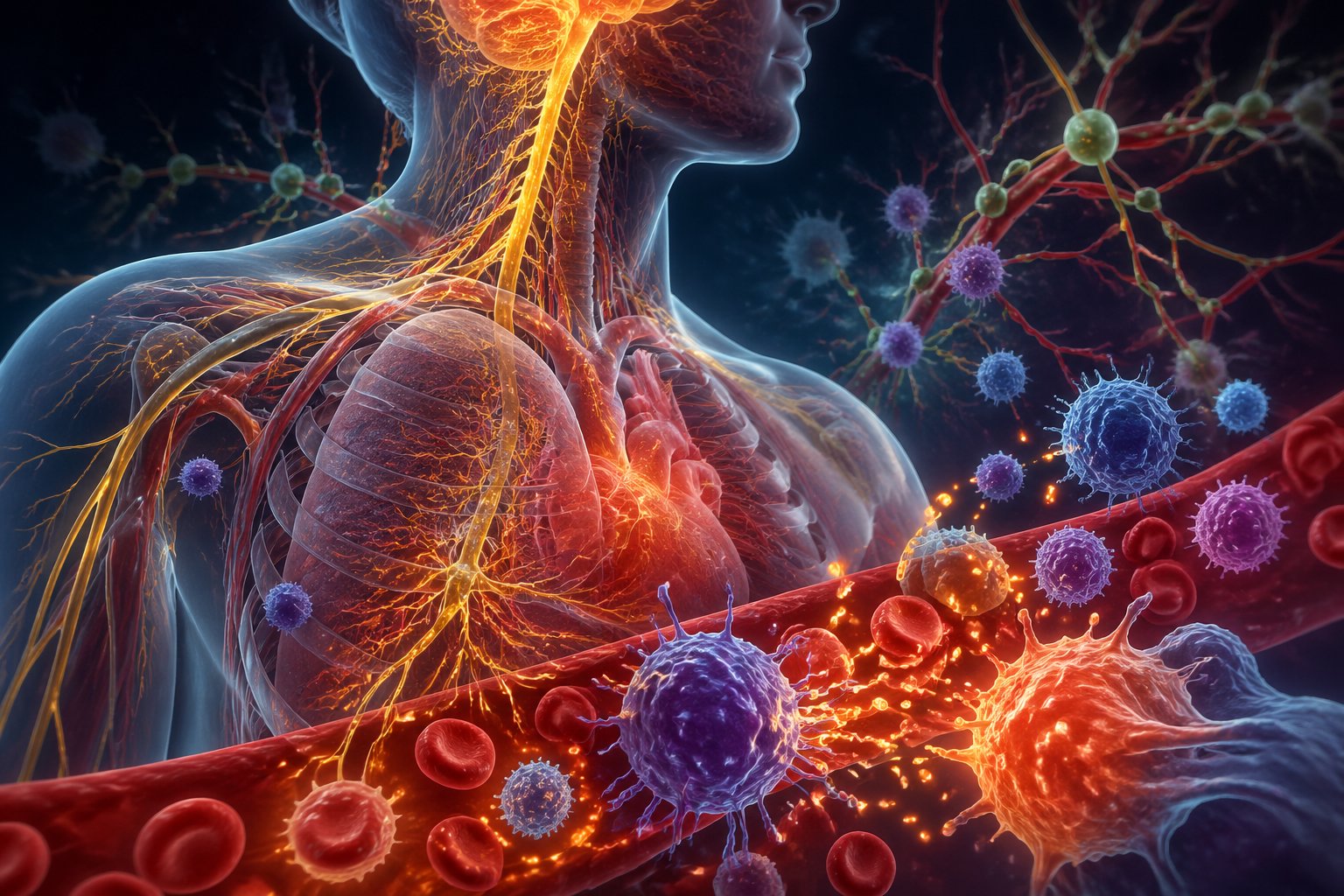 A 3D illustration of a human torso showing nerves and immune cells interacting, highlighting how stress triggers inflammation inside the body.