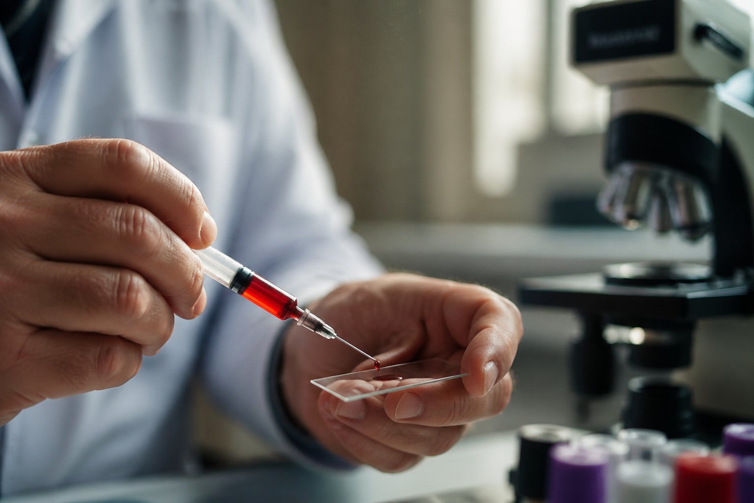 Close-up of a doctor’s hands holding a syringe over a glass slide in a medical testing room with a microscope in the background.