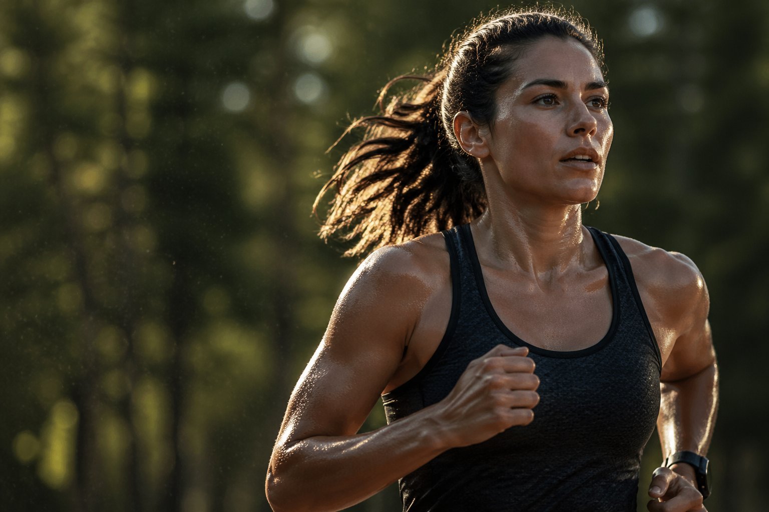 A person jogging outdoors in the morning with sweat on their skin, surrounded by green trees and soft light.