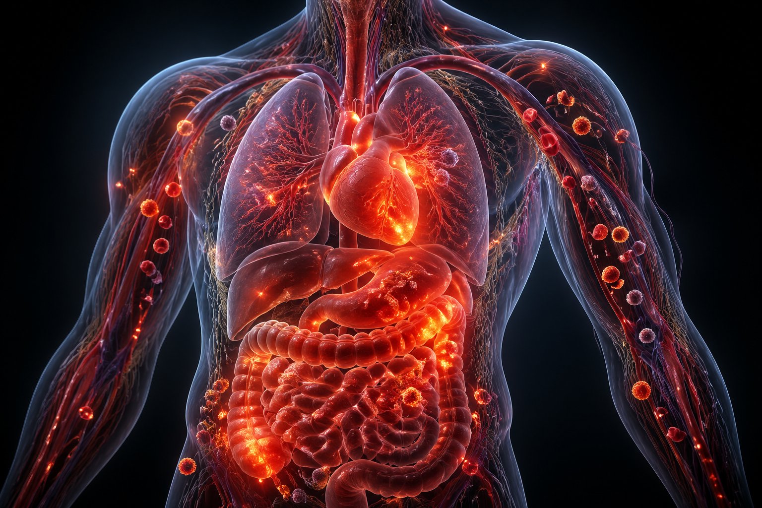 A 3D visualization of a human torso showing inflammation in the body with glowing red and orange areas around organs and clusters of immune cells.