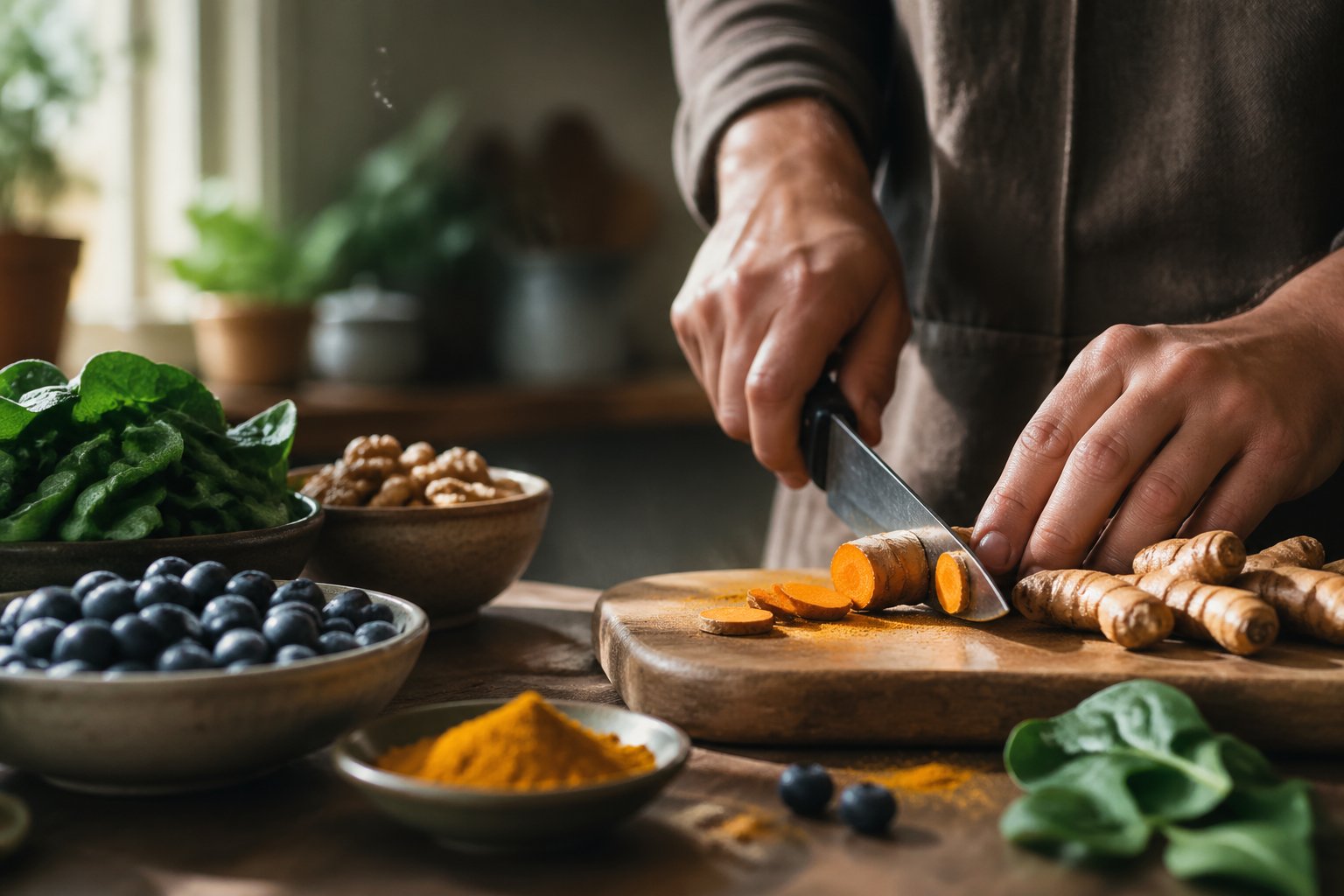 Close-up of hands slicing turmeric root on a wooden table surrounded by fresh anti-inflammatory ingredients in a sunlit kitchen.