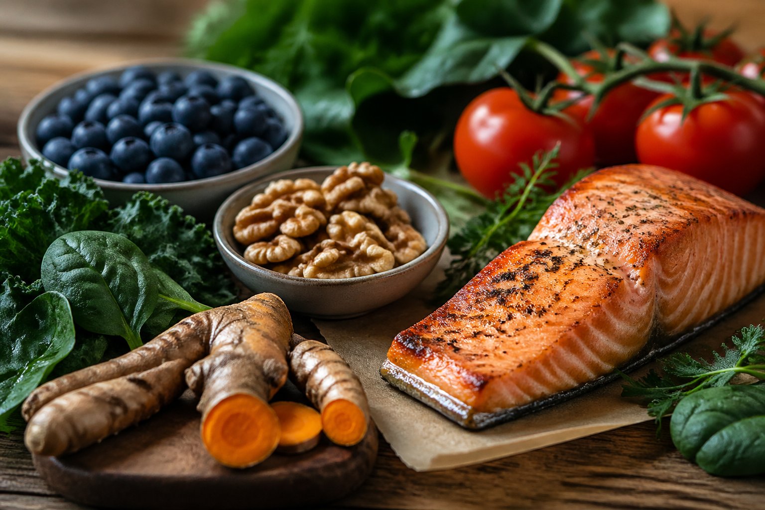 A colorful spread of anti-inflammatory foods including turmeric root, leafy greens, tomatoes, blueberries, grilled salmon, and walnuts arranged on a wooden table.