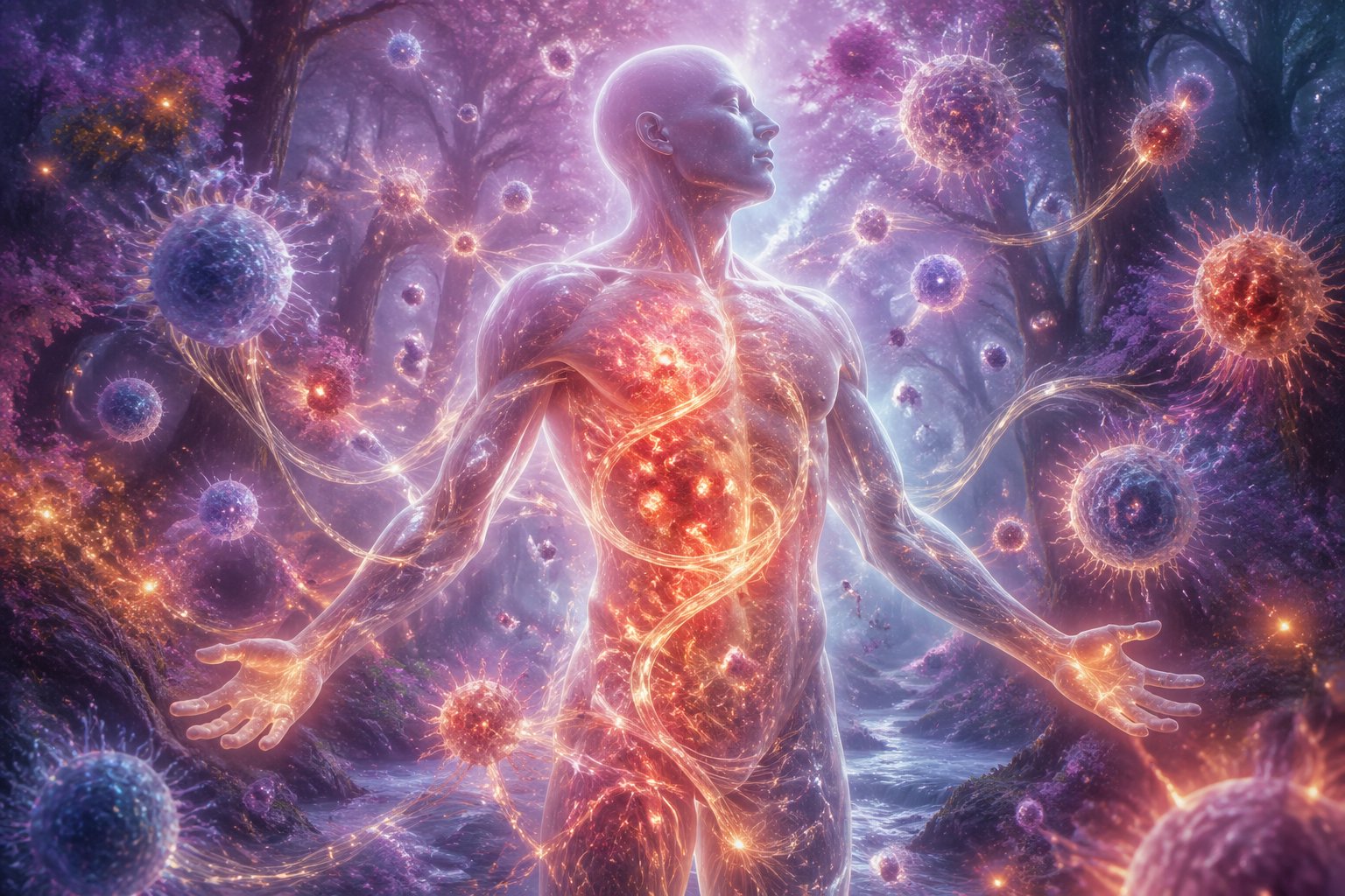 A glowing translucent human figure surrounded by swirling threads and glowing embers inside a misty forest, symbolizing internal inflammation and immune activity.