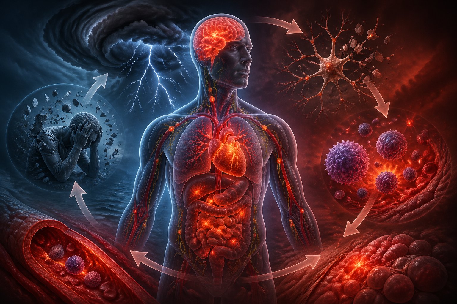A semi-transparent human figure showing glowing inflamed organs and swirling dark clouds and lightning near the head, representing the cycle of stress, anxiety, and inflammation in the body.