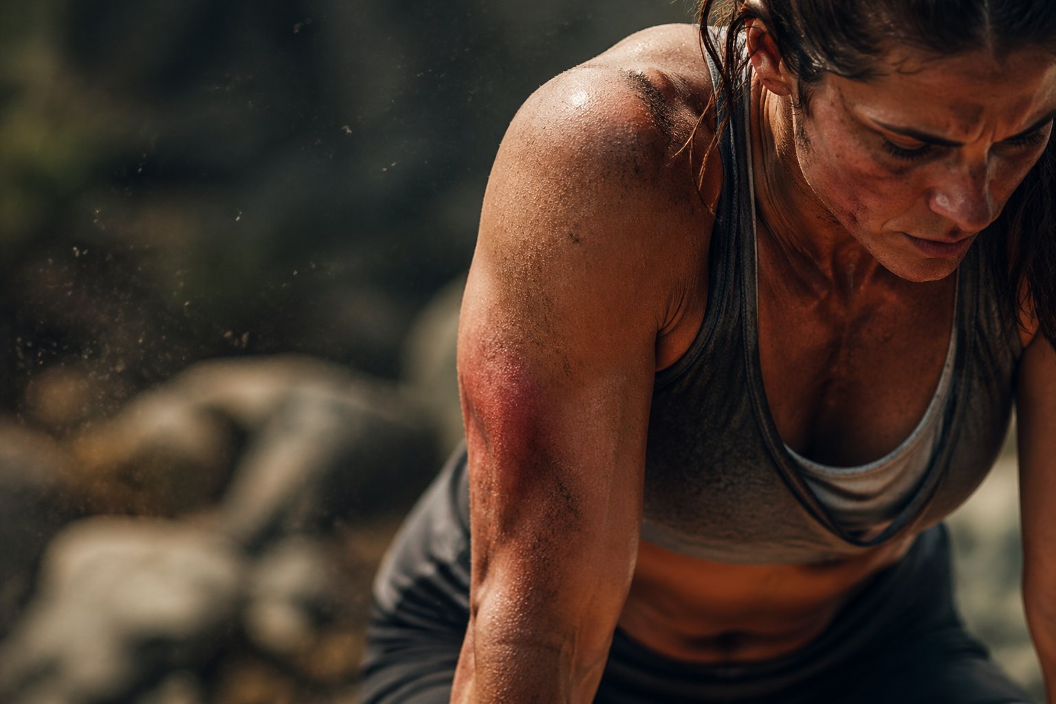 A person exercising outdoors, showing muscles and skin with subtle redness around joints, symbolizing inflammation reduction during physical activity.