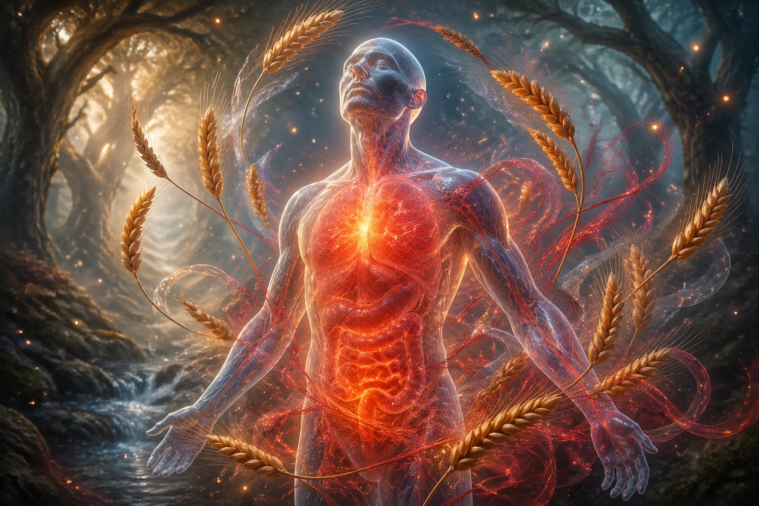 A glowing human figure surrounded by floating wheat stalks and red threads, standing in a misty forest with soft light and glowing particles around them.