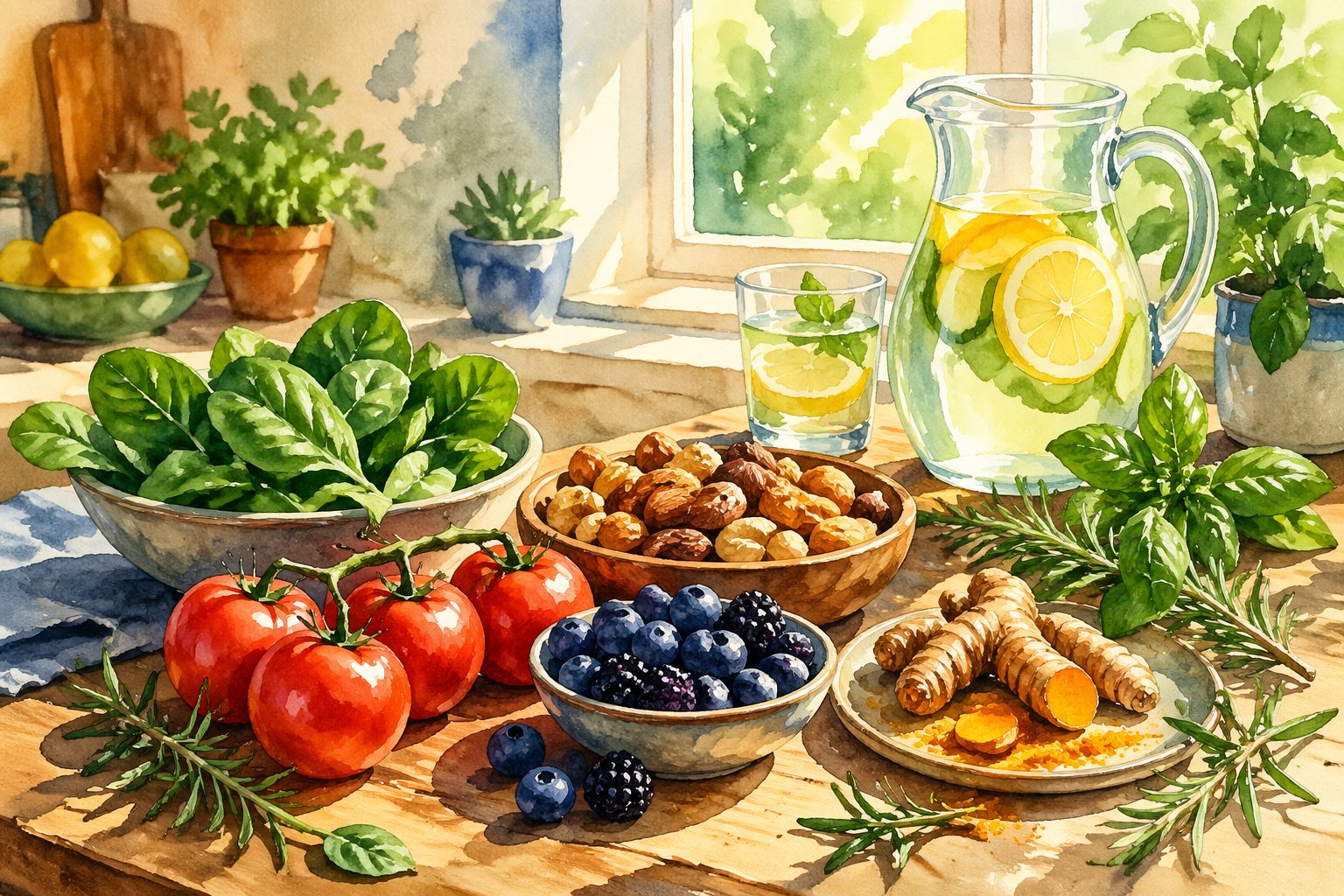 A kitchen table with fresh fruits, vegetables, herbs, and nuts arranged to represent healthy eating for reducing inflammation.