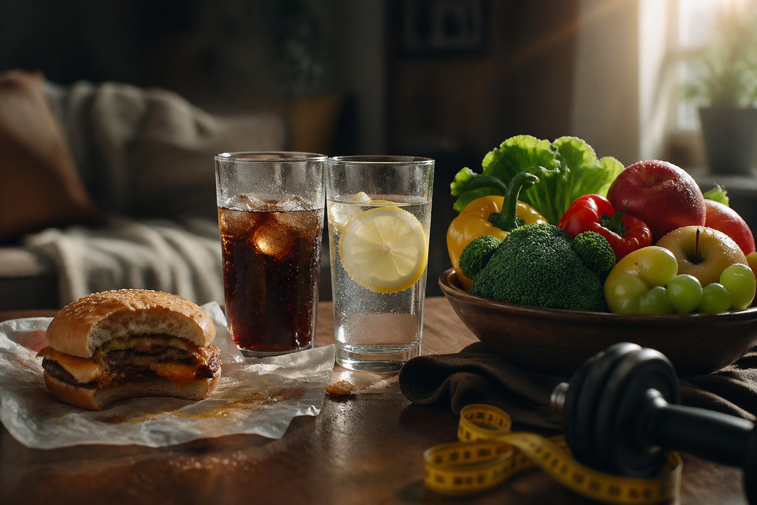 Close-up of contrasting healthy and unhealthy food items on a table in a softly lit living room.