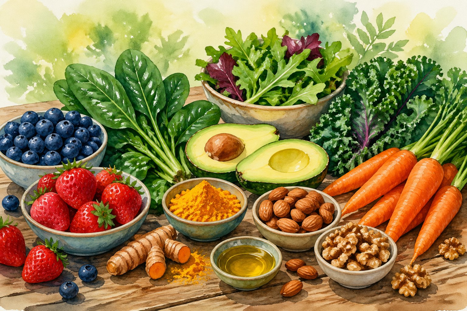 A table with fresh fruits, vegetables, nuts, turmeric, and olive oil arranged together.