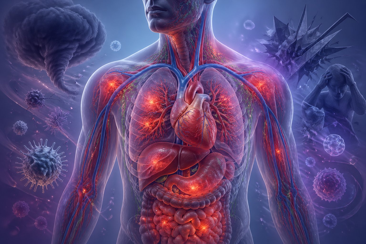 3D view of a human torso showing inflamed areas inside the body with glowing red patches and abstract shapes representing stress around it.