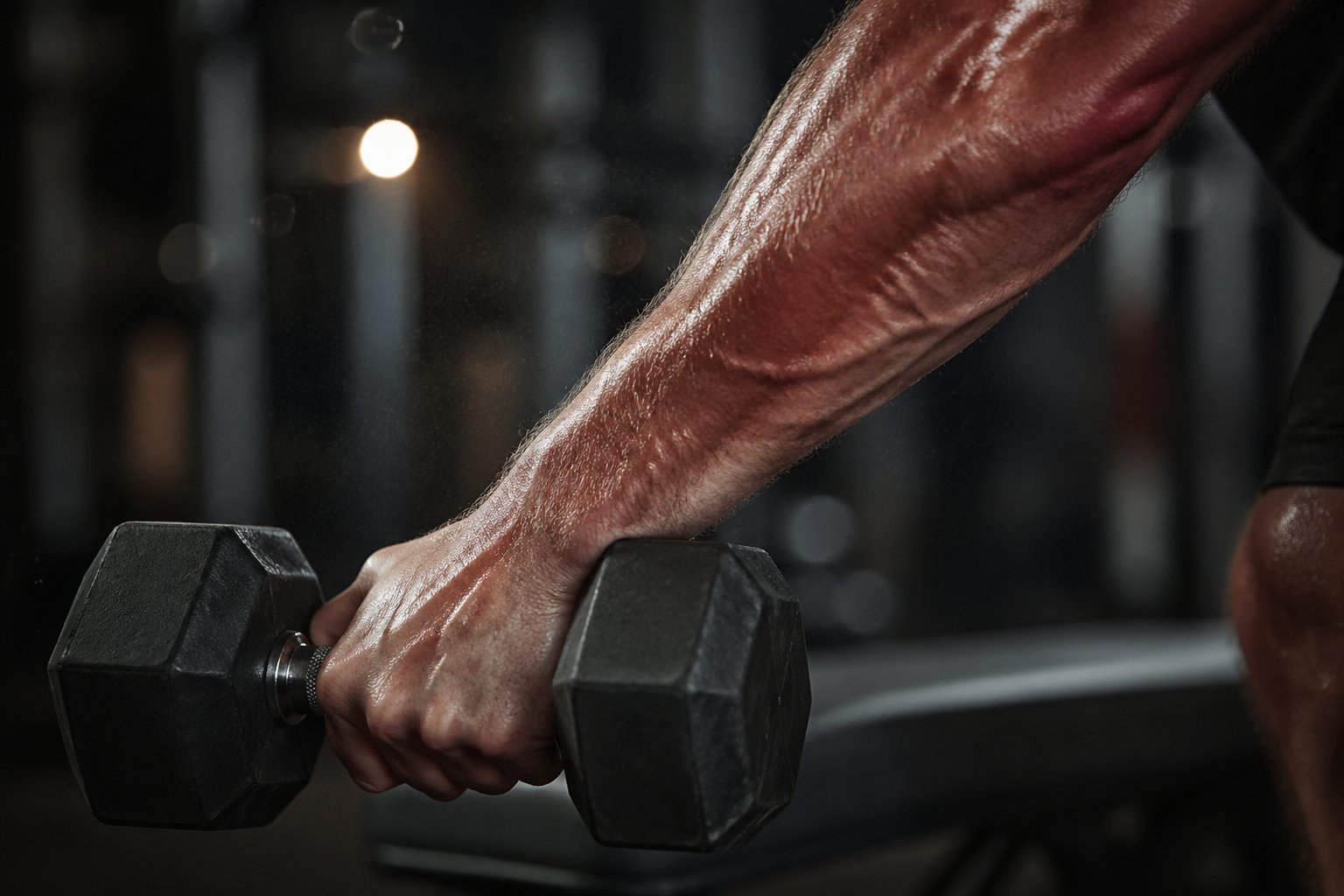 Close-up of a person’s arm holding a dumbbell, showing detailed skin texture and slight redness on muscles.