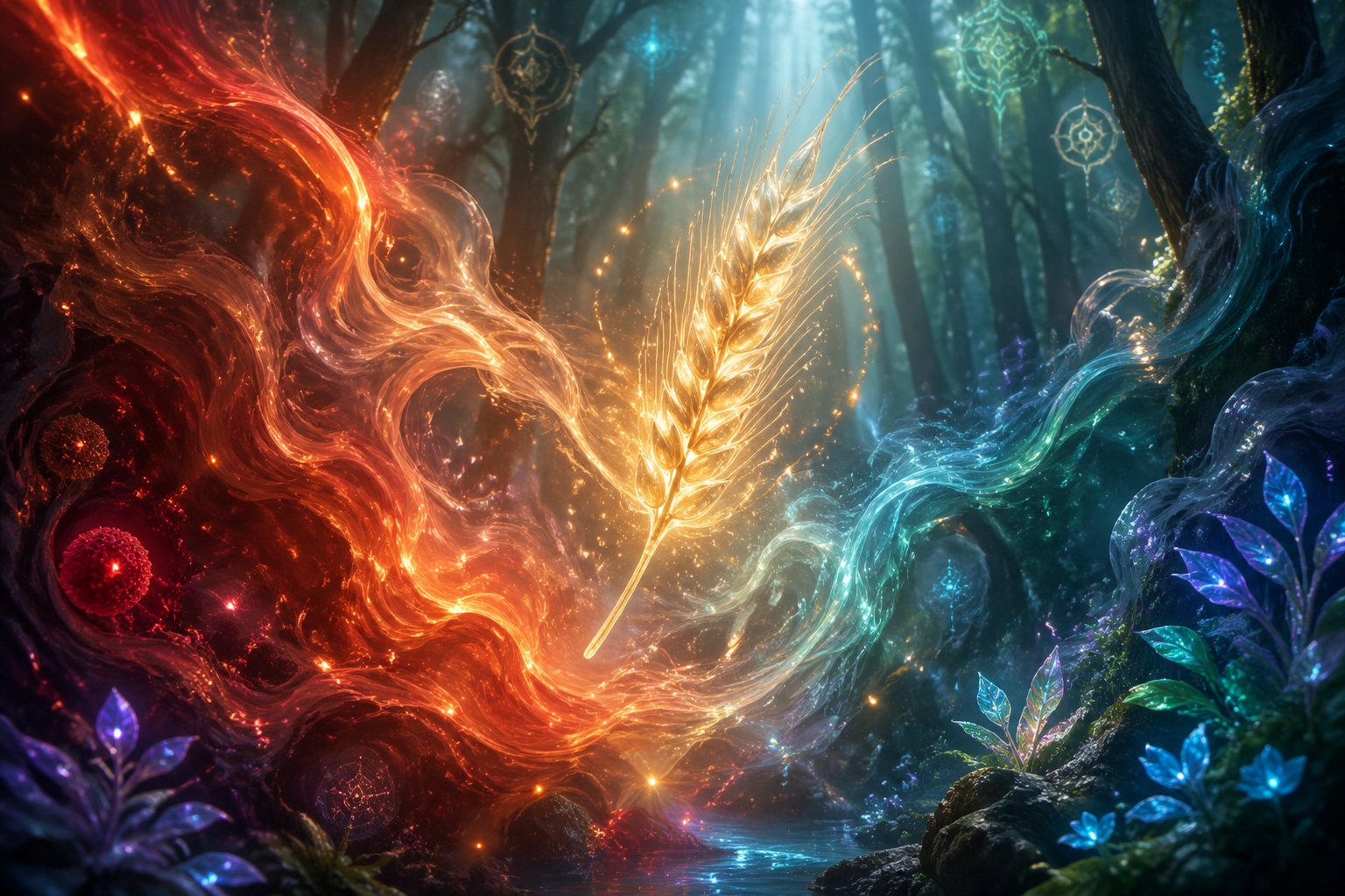 A glowing wheat stalk surrounded by swirling red and blue mist in a magical forest with glowing plants and floating runes.