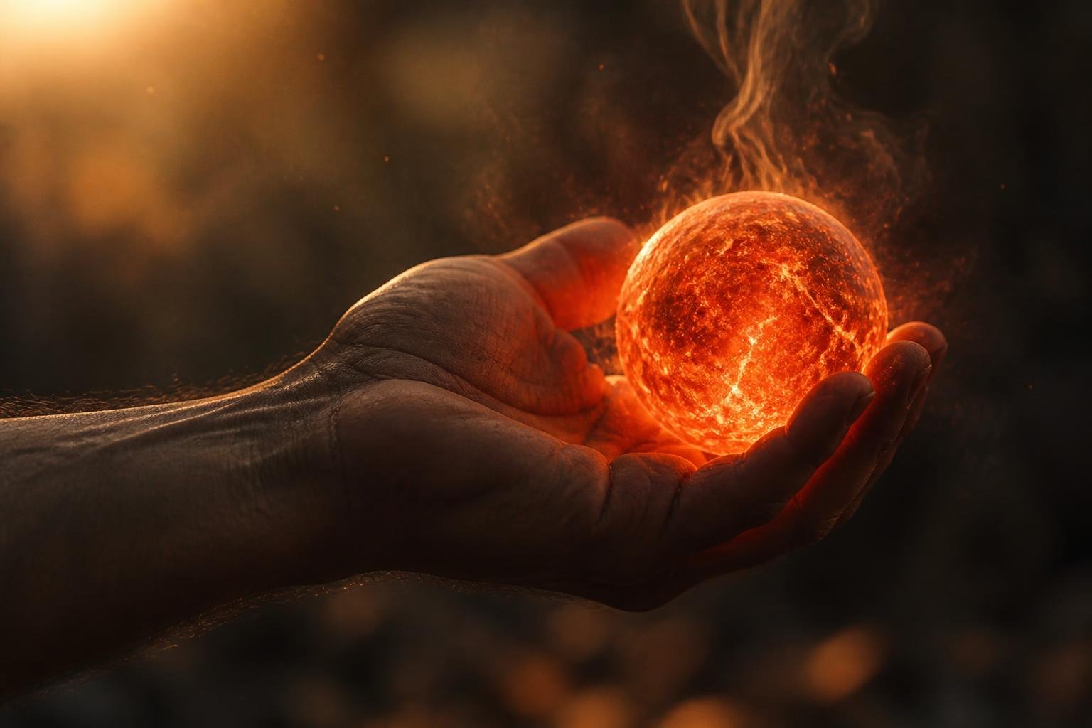 A close-up of a hand holding a glowing red-orange orb with wisps of smoke, symbolizing inflammation and energy loss.