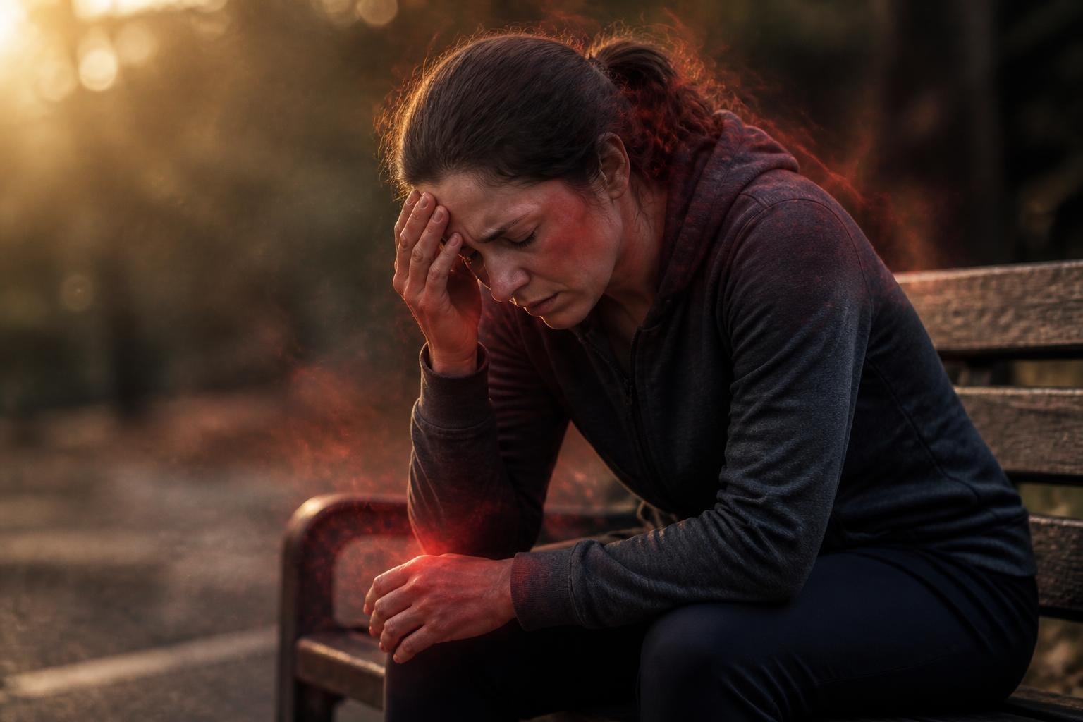 A person sitting on a wooden bench outdoors looking tired and uncomfortable, with subtle redness on their face and hands.
