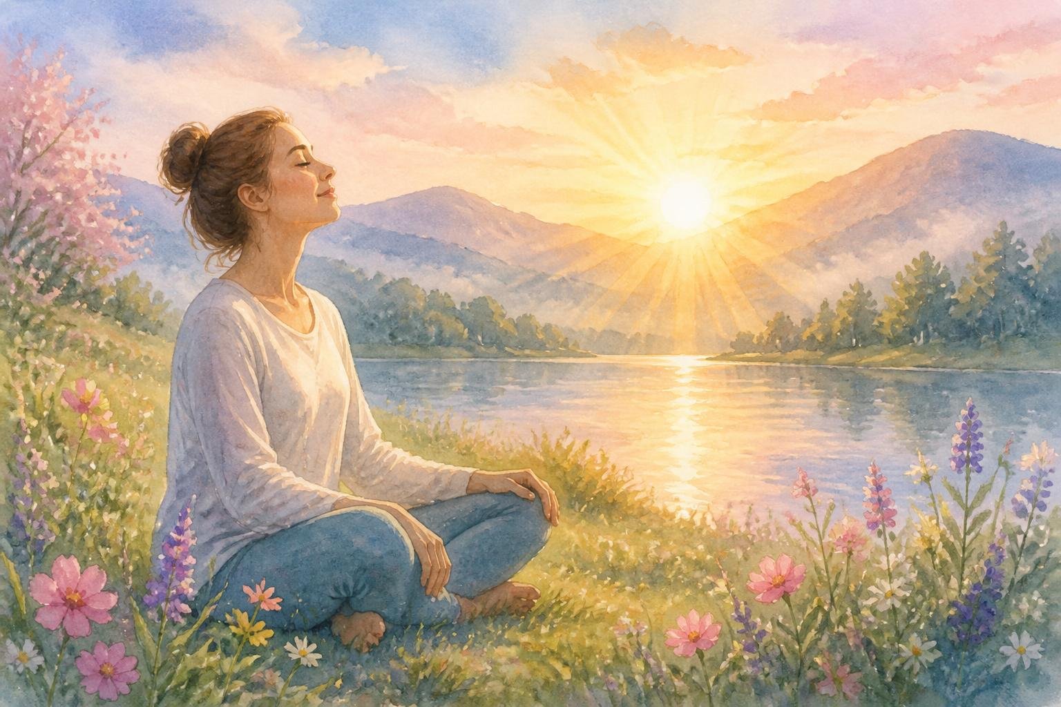 A person sitting peacefully by a calm lake at sunrise, surrounded by hills and wildflowers, embracing a moment of tranquility.