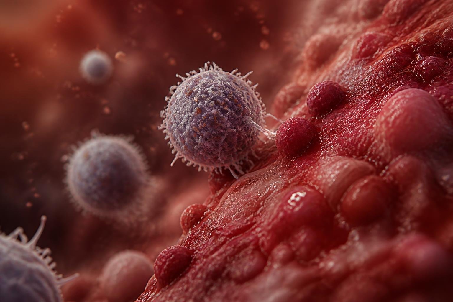 Close-up view of inflamed human tissue with immune cells interacting, showing redness and swelling.