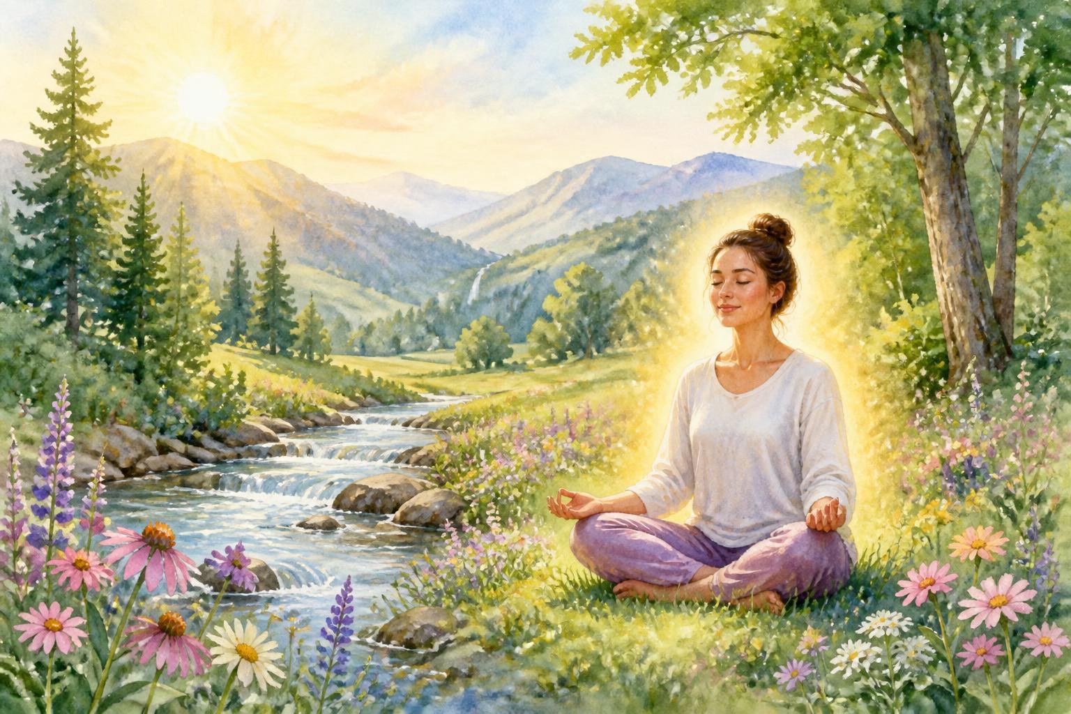 A person sitting peacefully by a flowing stream in a meadow with flowers, surrounded by hills and trees under a bright sky.