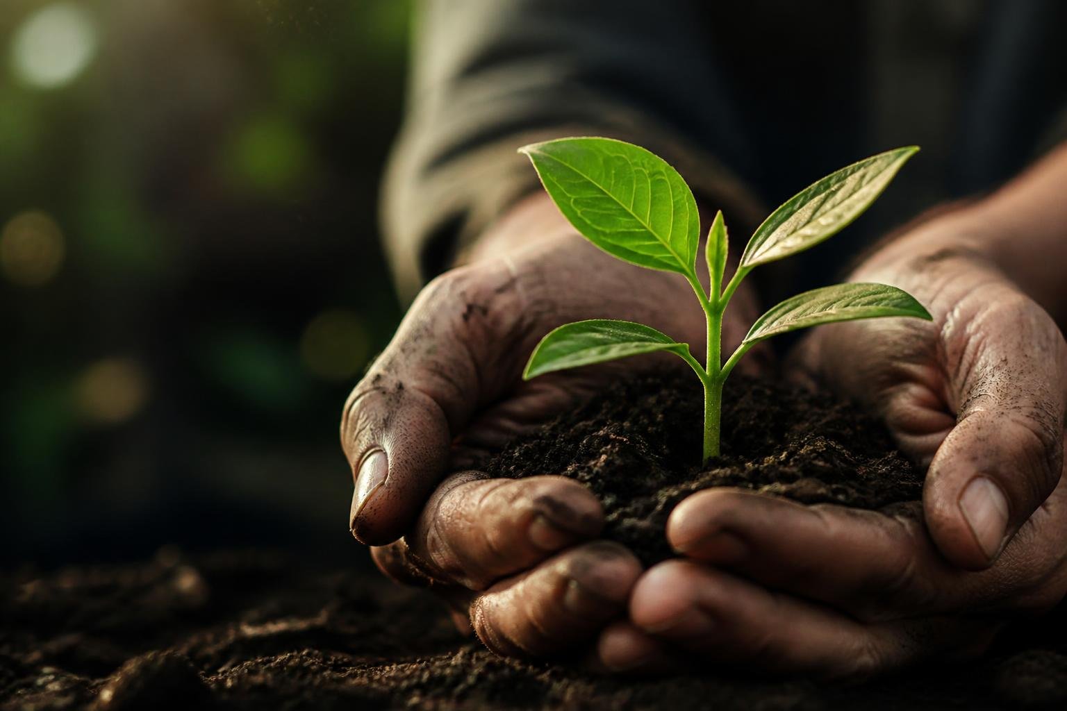 Close-up of hands holding a small green plant growing from soil, with soft light and blurred background.