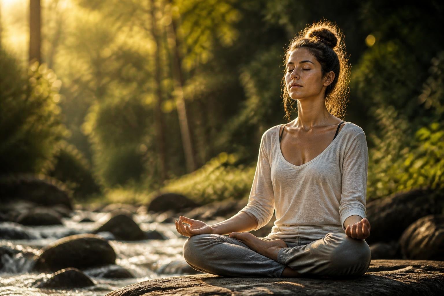 A person sitting cross-legged on a rock by a forest stream with eyes closed in meditation, surrounded by trees and soft sunlight.