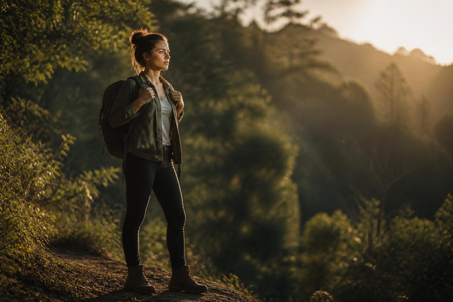 A person standing confidently in a sunlit forest clearing, looking forward with determination.