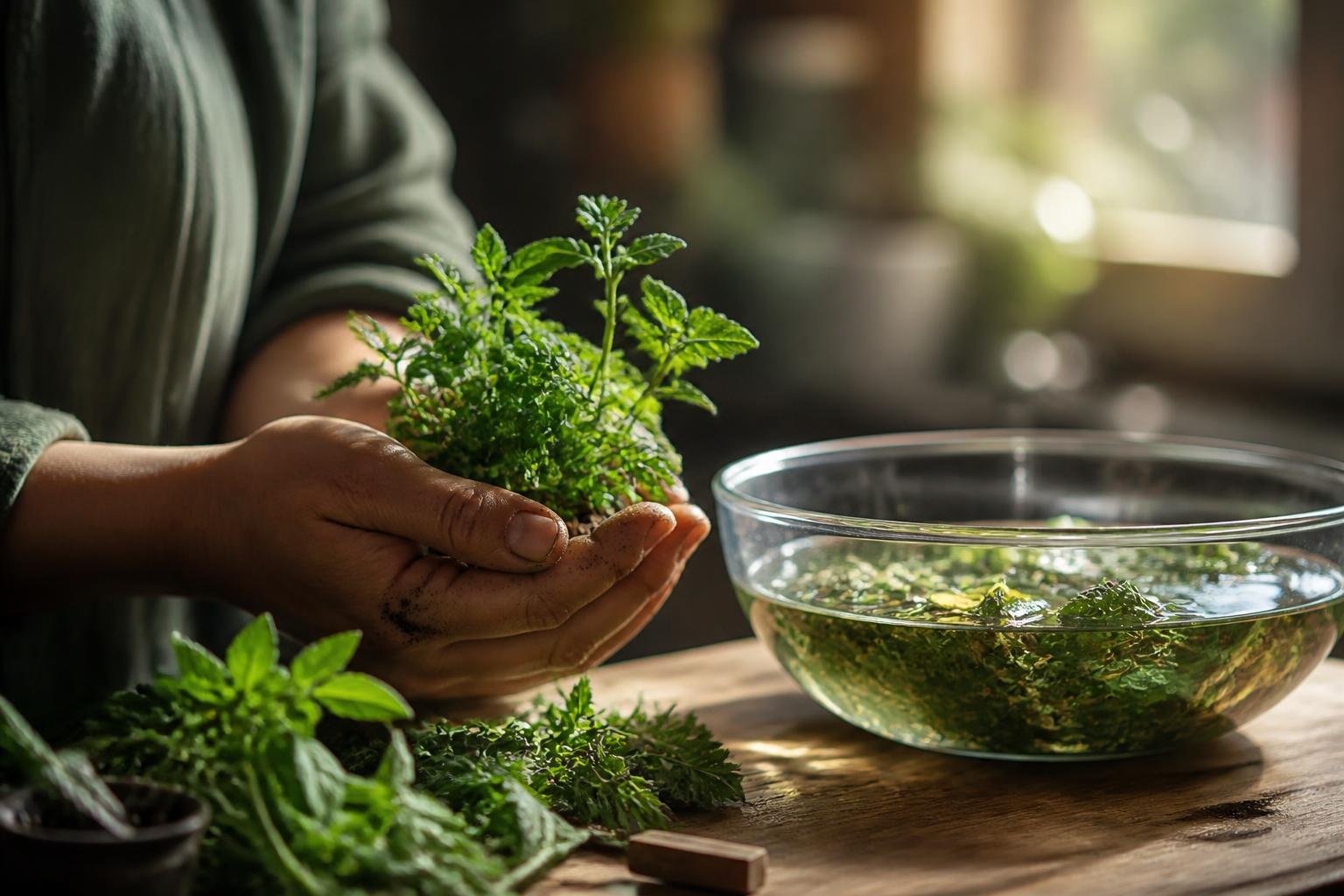 Hands holding a green plant and a bowl of fresh herbs on a wooden table in a softly lit room.