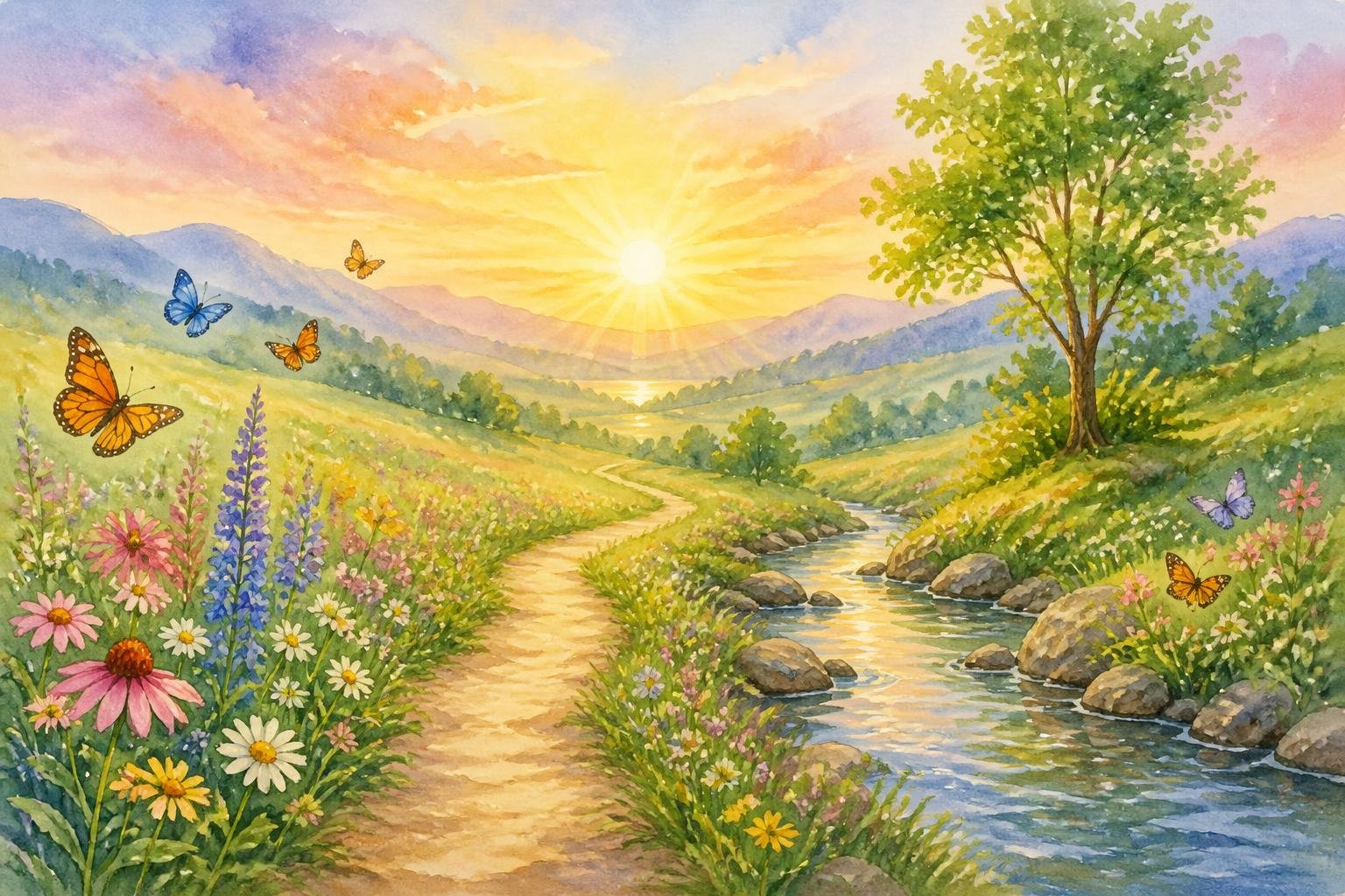 A peaceful landscape with rolling hills, a winding path, blooming flowers, butterflies, and a flowing stream under a warm sunrise.
