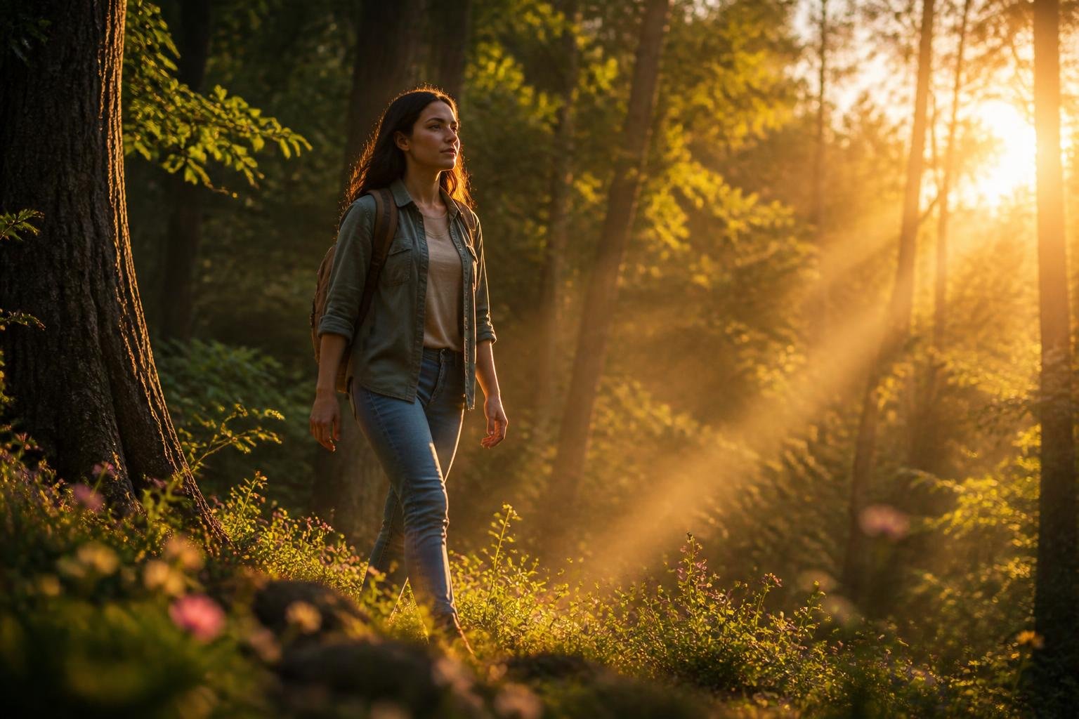 A person confidently walking forward in a sunlit forest clearing surrounded by vibrant greenery and blooming flowers.