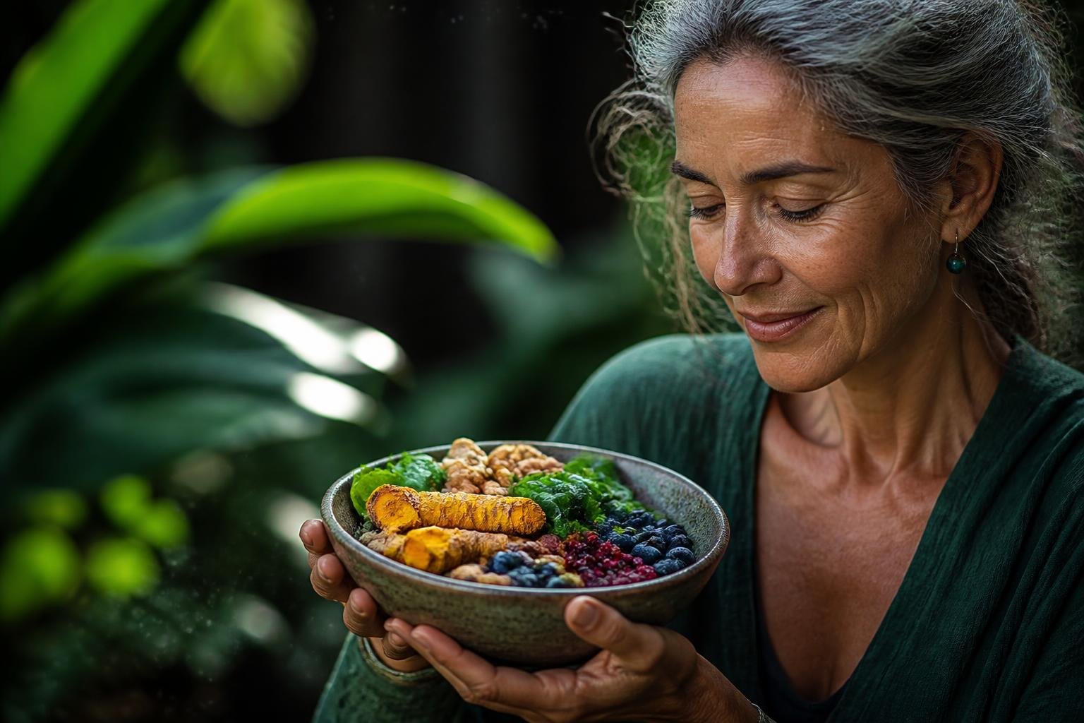 A person outdoors holding a bowl of fresh anti-inflammatory foods surrounded by green plants.