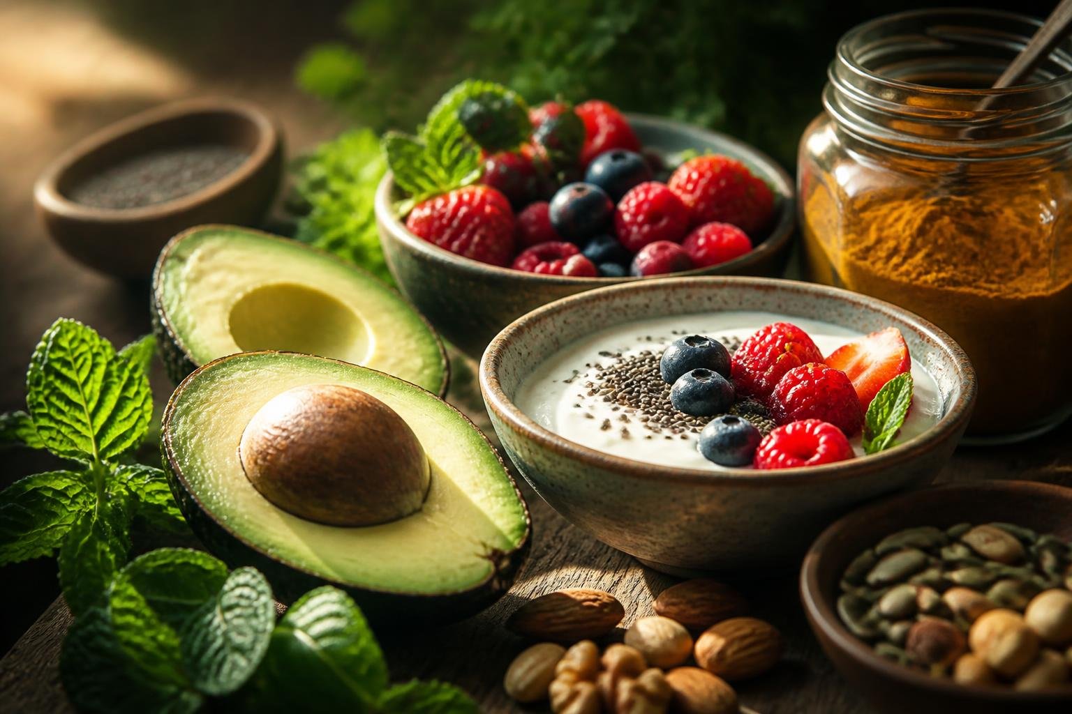 A close-up of fresh nutritious foods including sliced avocado, mixed berries, yogurt with chia seeds, herbs, and nuts arranged on a wooden table.