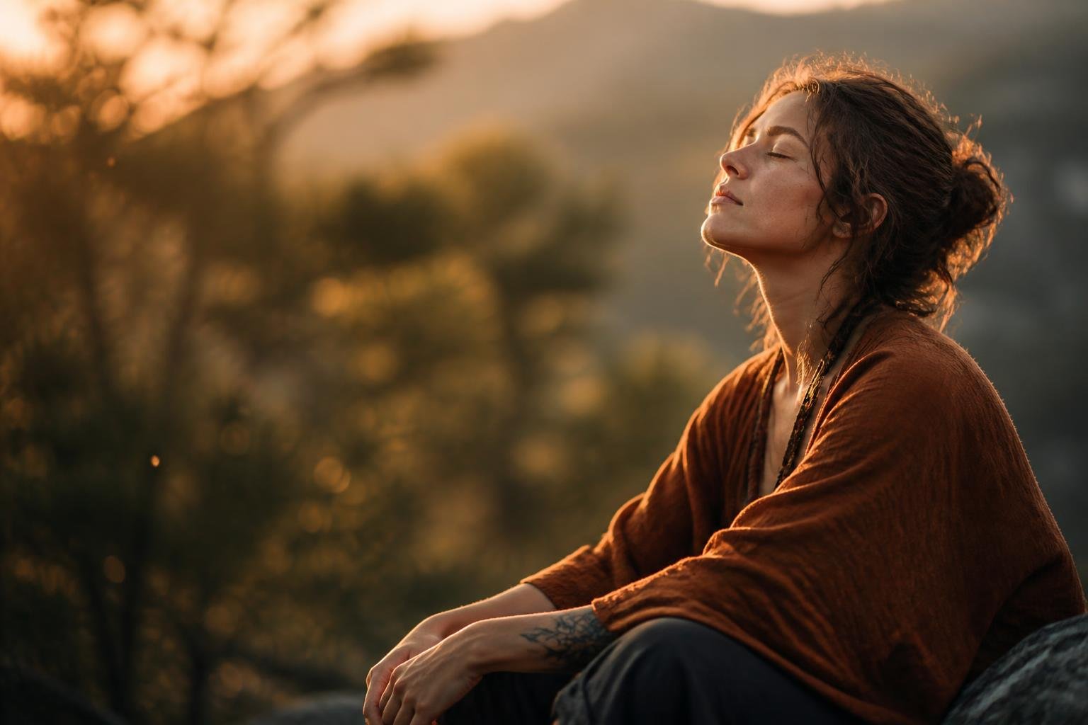 A person sitting outdoors with eyes closed, surrounded by soft natural light and foliage, appearing calm and reflective.
