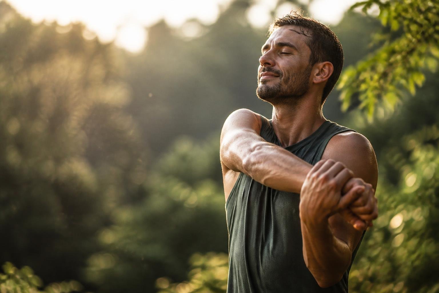 A person stretching outdoors in the morning surrounded by green plants and soft sunlight, showing signs of revitalization and calm energy.