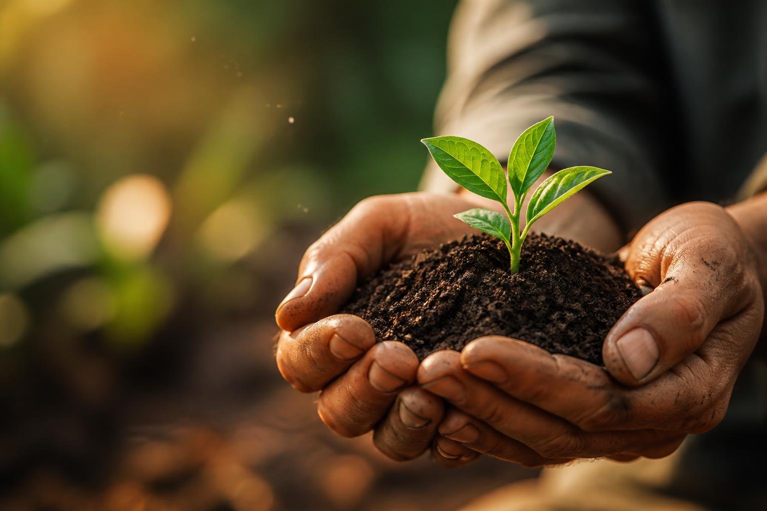 Close-up of hands holding a small green plant growing from soil with a softly blurred natural background.