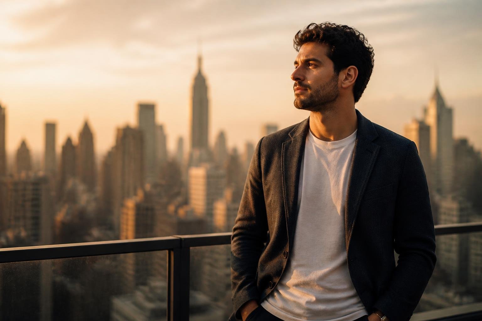 A person standing on a rooftop terrace at sunset, looking thoughtfully toward the city skyline.