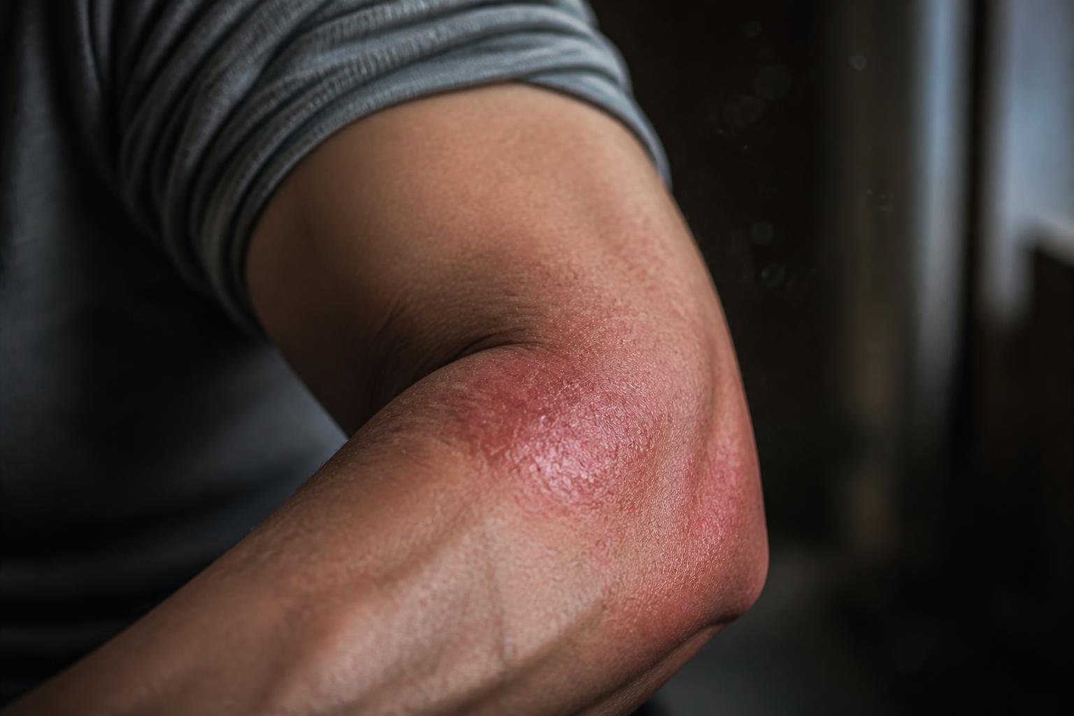 Close-up of a human arm showing redness and swelling around a joint, highlighting inflammation on the skin.