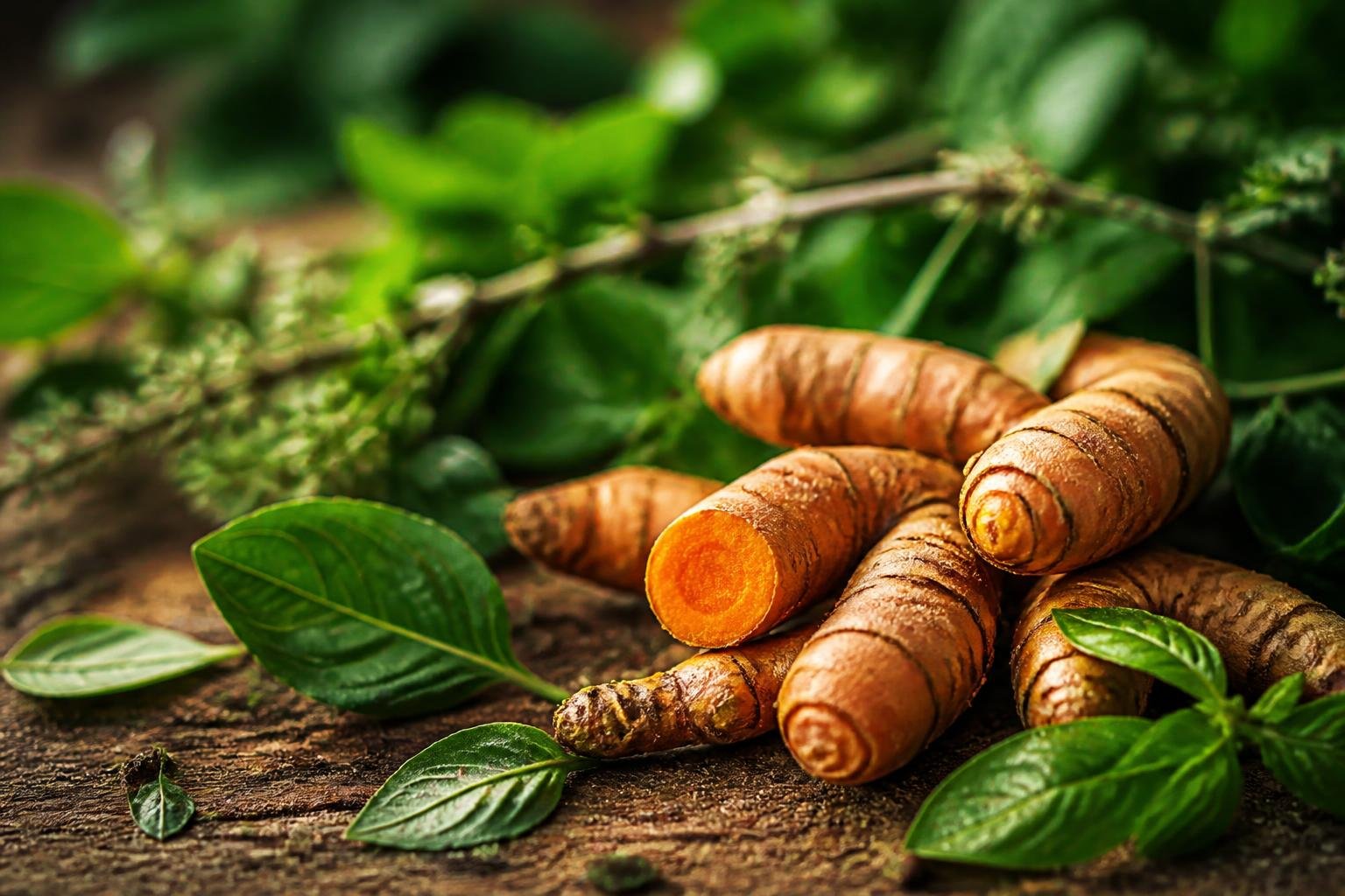 Close-up of fresh turmeric roots and green herbs arranged on a wooden surface.