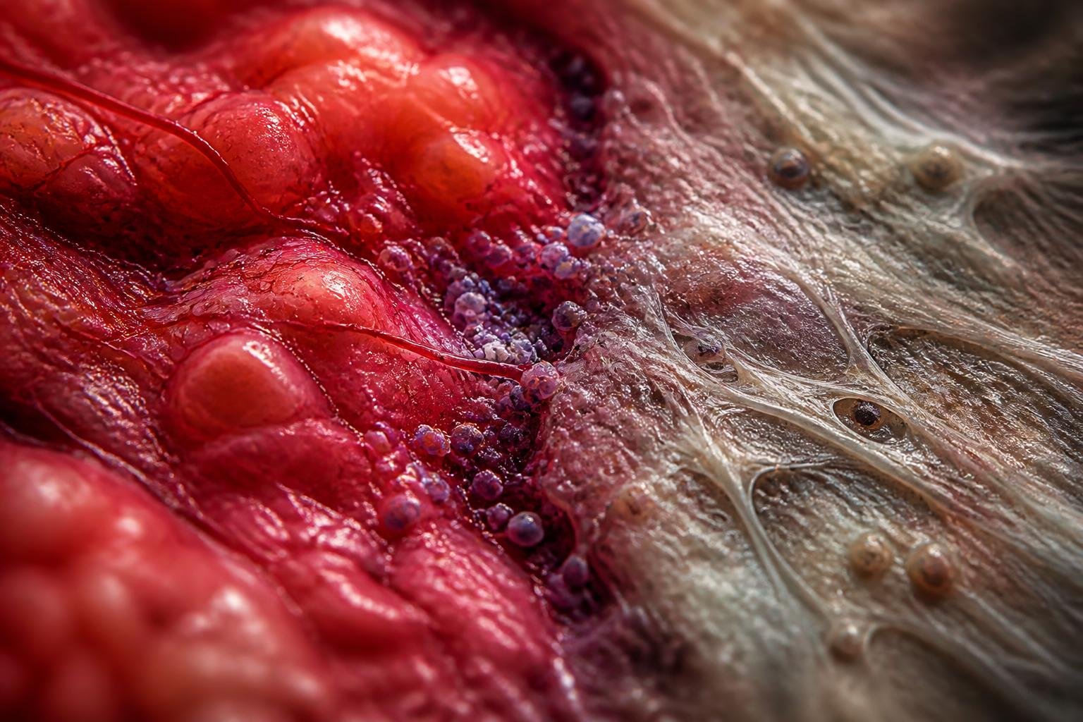 Close-up image showing a side-by-side comparison of red swollen tissue and dull thickened tissue to represent acute and chronic inflammation.