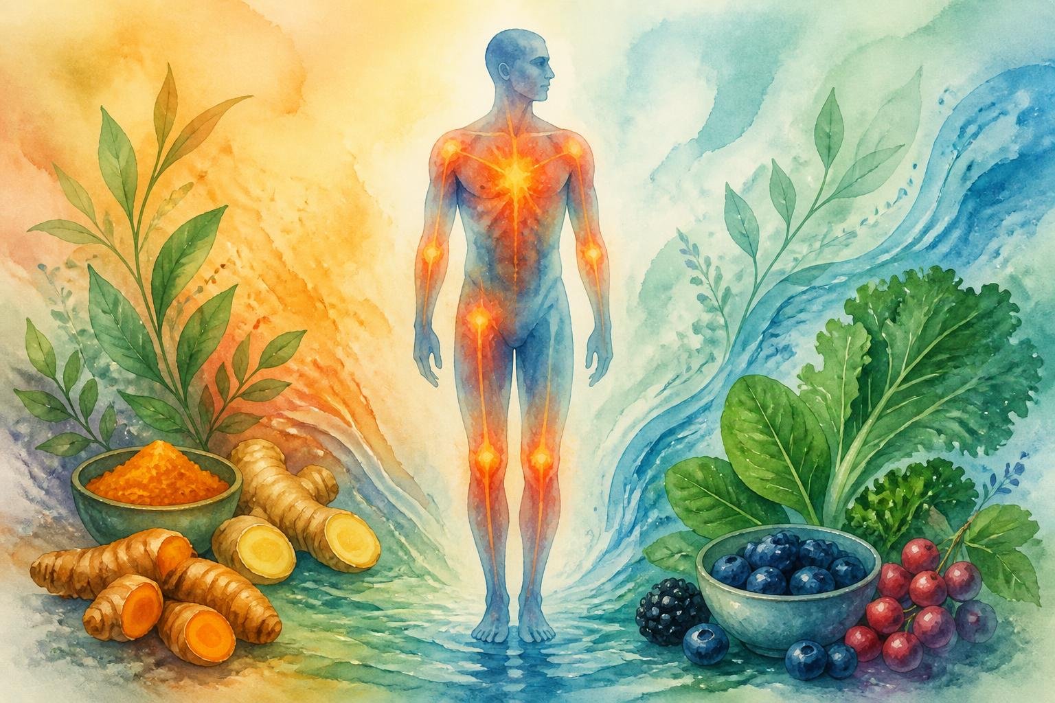 A human figure with warm glowing areas on joints and chest surrounded by calming green and blue plants symbolizing healing and anti-inflammatory health.